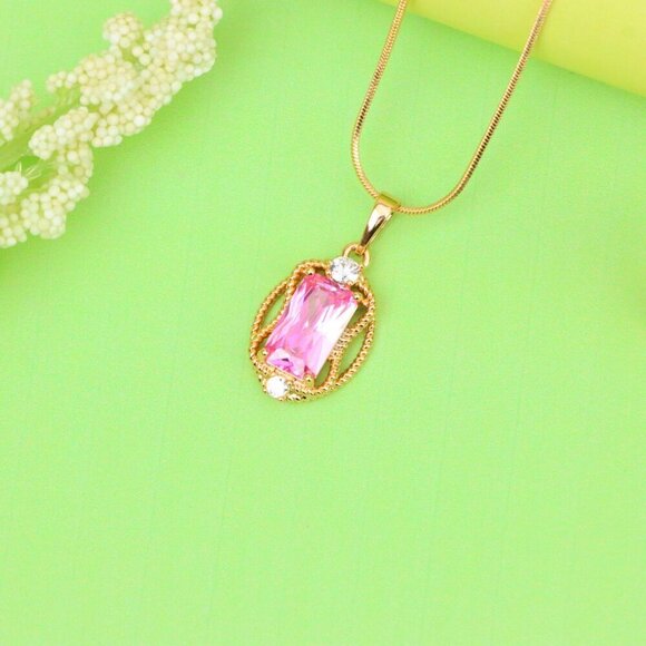 "Pink Rectangle Pendant with Gold Plated Brass and Crystal Accents, XPPT1681 - Picture 2 of 13